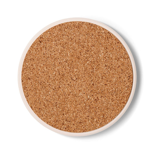 A round cork coaster with a white border.